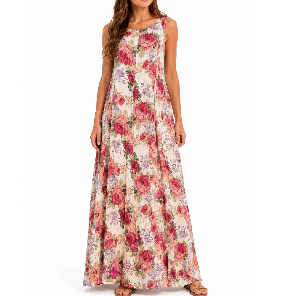 Vintage 90s Baby Pink Floral Crinkle Maxi Dress‎ Romantic Sleeveless Rayon Small